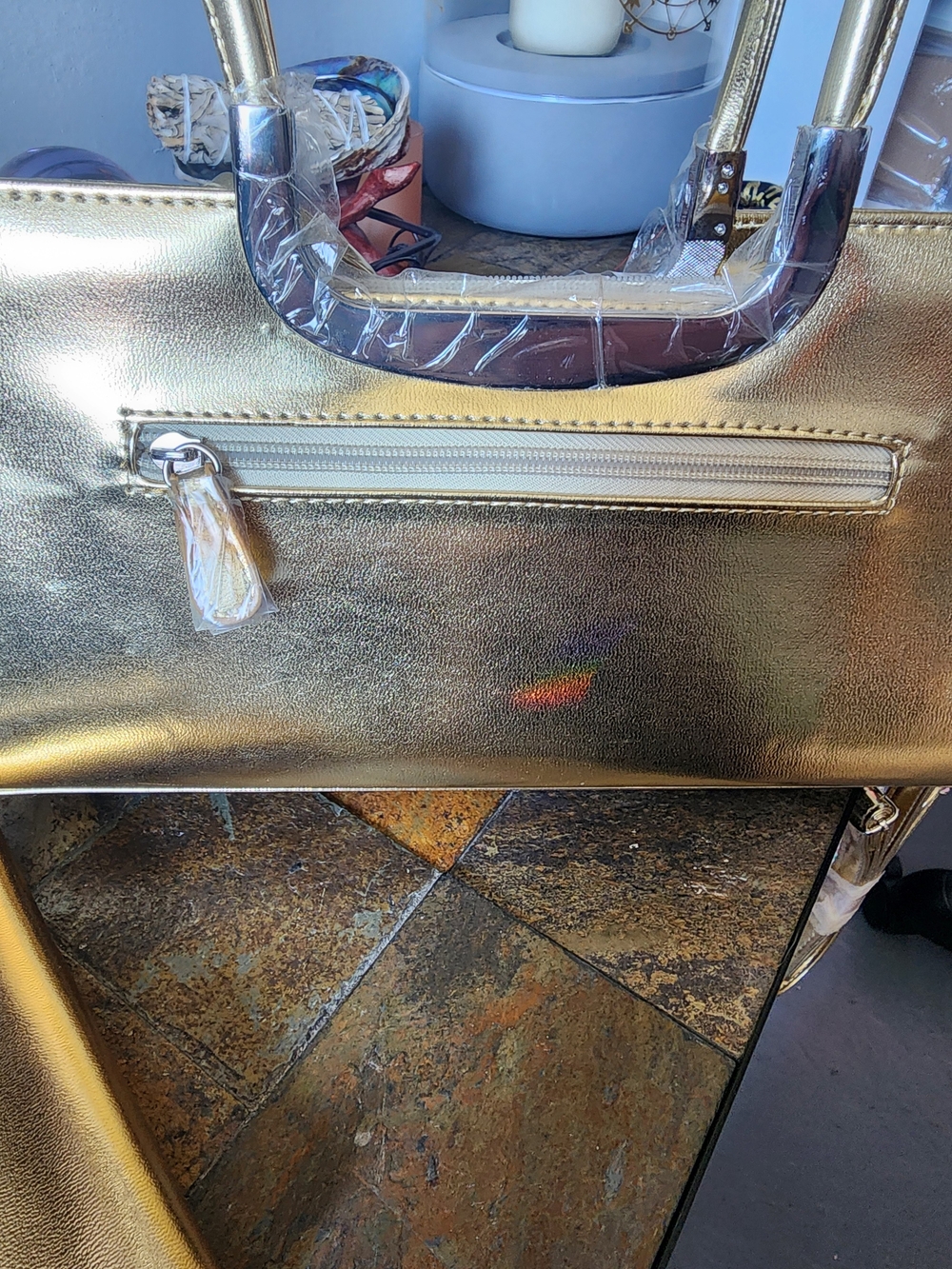 3 Pc Gold Metallic Structured Satchel Handbag with Matching Wallet - Picture 11 of 14